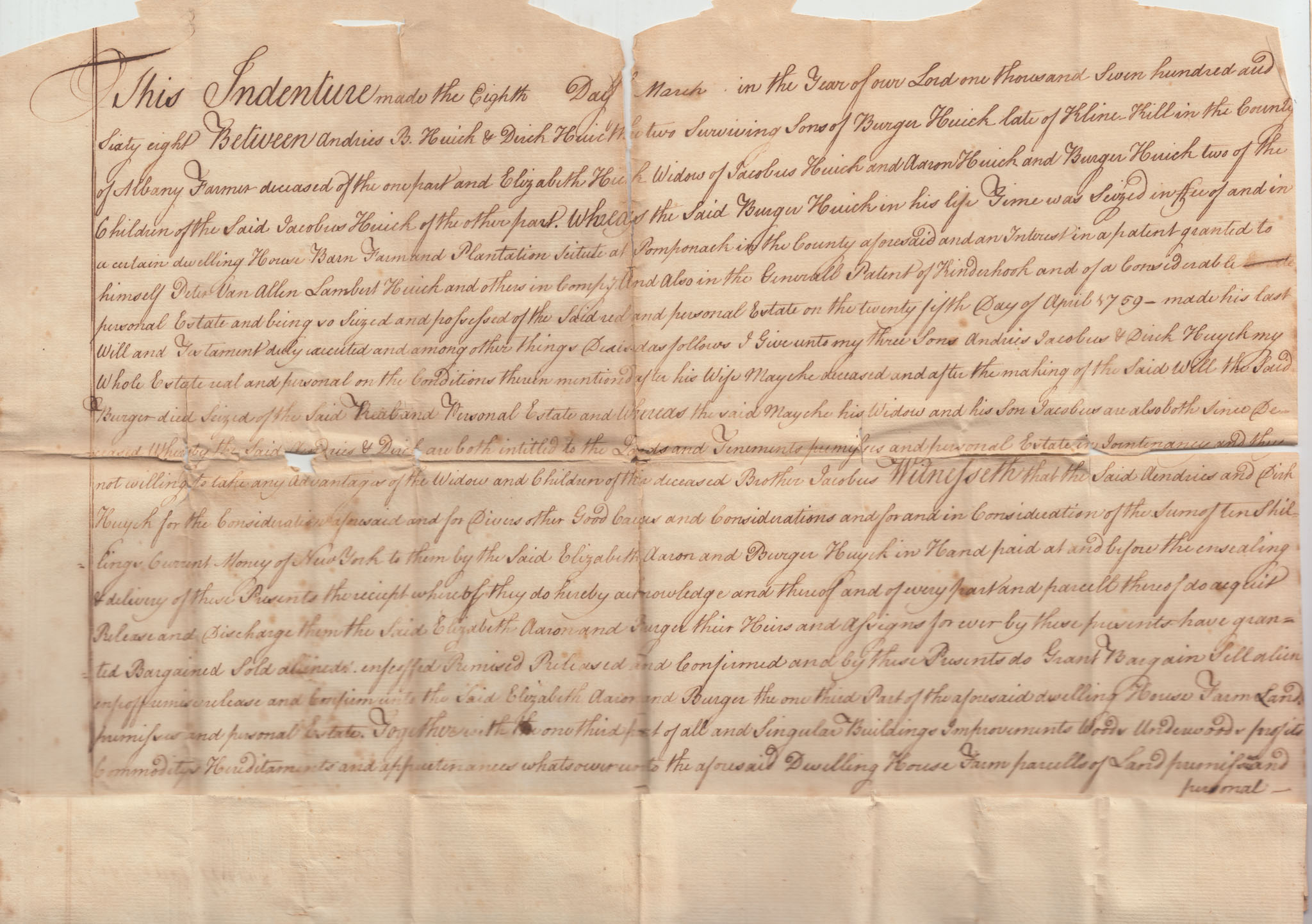 BH030, 1768-03-08 Quit Claim, Jacobus' 1/3 of Farm, by Andries B. Huyck and Dirck Huyck to Elizabeth Huyck & Sons